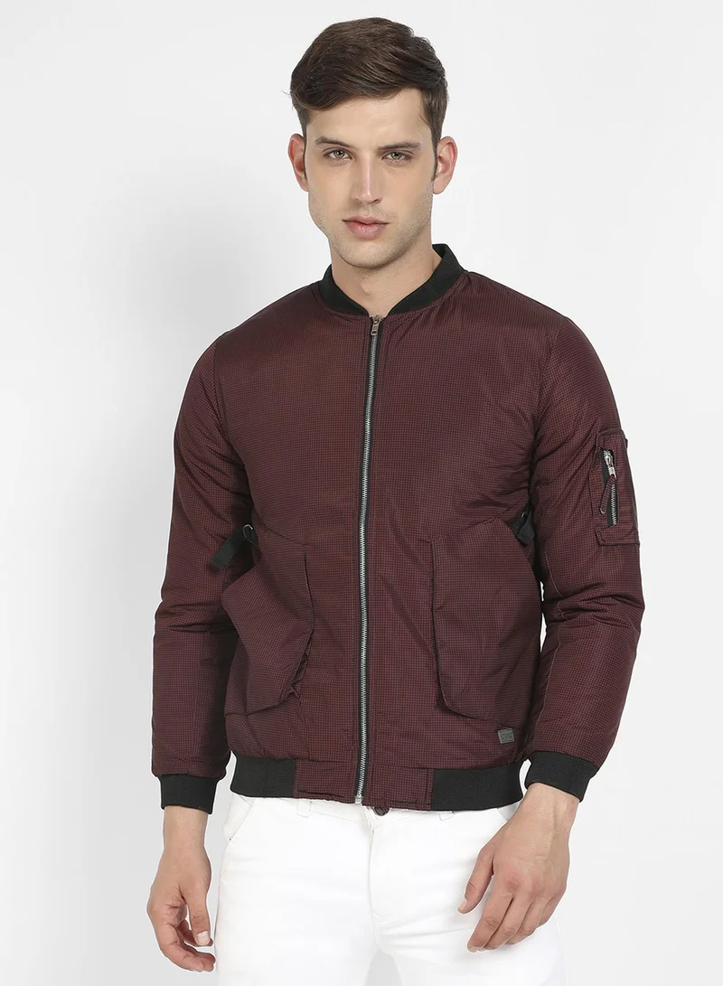 Campus Sutra Men's Brown Puffer Jacket With Contrast Hem For Casual Wear | Low-High Neck | Long Sleeve | Zipper Closure | Polyester Jacket Crafted With Comfort Fit For Everyday Wear