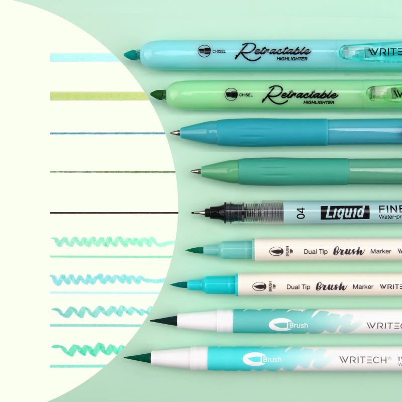 WRITECH Journaling Kit, Gel Ink Pens/Retractable Highlighters/Dual Tip Brush Pens/Fineliner Pens, Smooth Writing Assorted Colors Journaling Supplies, 9 Count with Pen Bag (Vitality blue & green) - Image 2