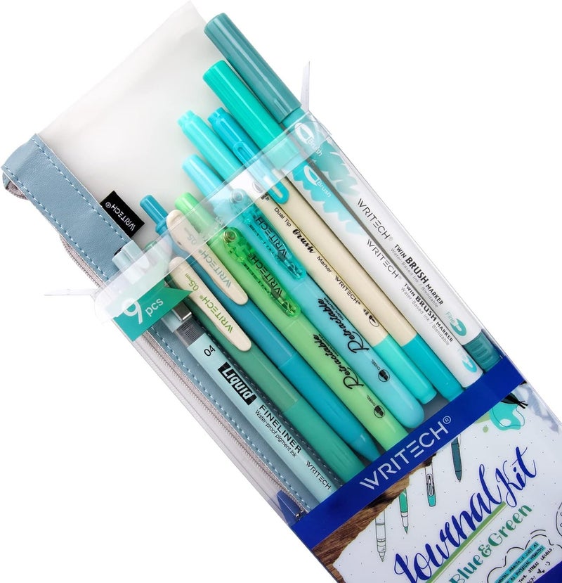 WRITECH Journaling Kit, Gel Ink Pens/Retractable Highlighters/Dual Tip Brush Pens/Fineliner Pens, Smooth Writing Assorted Colors Journaling Supplies, 9 Count with Pen Bag (Vitality blue & green) - Image 1