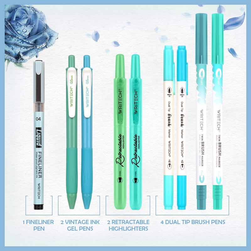 WRITECH Journaling Kit, Gel Ink Pens/Retractable Highlighters/Dual Tip Brush Pens/Fineliner Pens, Smooth Writing Assorted Colors Journaling Supplies, 9 Count with Pen Bag (Vitality blue & green) - Image 3