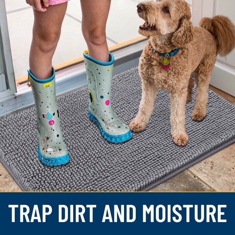 Smiry Dog Door Mat for Muddy Paws 30x20, Absorbs Moisture and Dirt Doormat, Non-Slip Washable Quick Dry Chenille Front Door Mat Indoor Entrance, Entryway Carpet for Inside Floor, Grey - Image 3