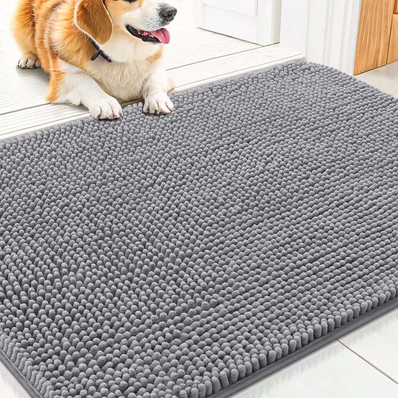 Smiry Dog Door Mat for Muddy Paws 30x20, Absorbs Moisture and Dirt Doormat, Non-Slip Washable Quick Dry Chenille Front Door Mat Indoor Entrance, Entryway Carpet for Inside Floor, Grey - Image 1
