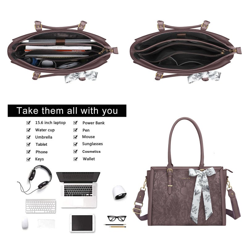 MOSISO Laptop Bag for Women, 15.6-16 inch PU Leather Tote Bag Compatible with MacBook, HP, Dell, Asus Notebook, Front Embossed Retro Hibiscus Computer Bag with Silk Scarf&Clutch Purse, Slate Purple - Image 2