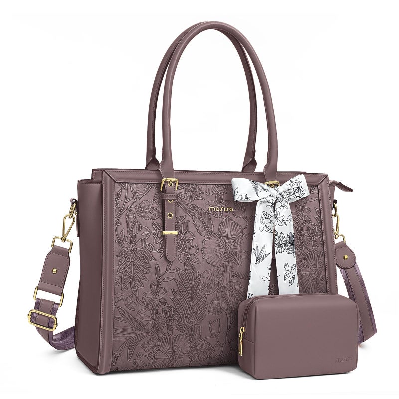 MOSISO Laptop Bag for Women, 15.6-16 inch PU Leather Tote Bag Compatible with MacBook, HP, Dell, Asus Notebook, Front Embossed Retro Hibiscus Computer Bag with Silk Scarf&Clutch Purse, Slate Purple - Image 1