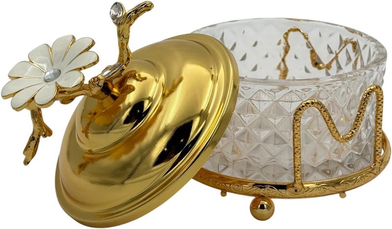 B&D Decorative Crystal Glass Bowl with Gold-Tone Lid and Floral Design - Image 3