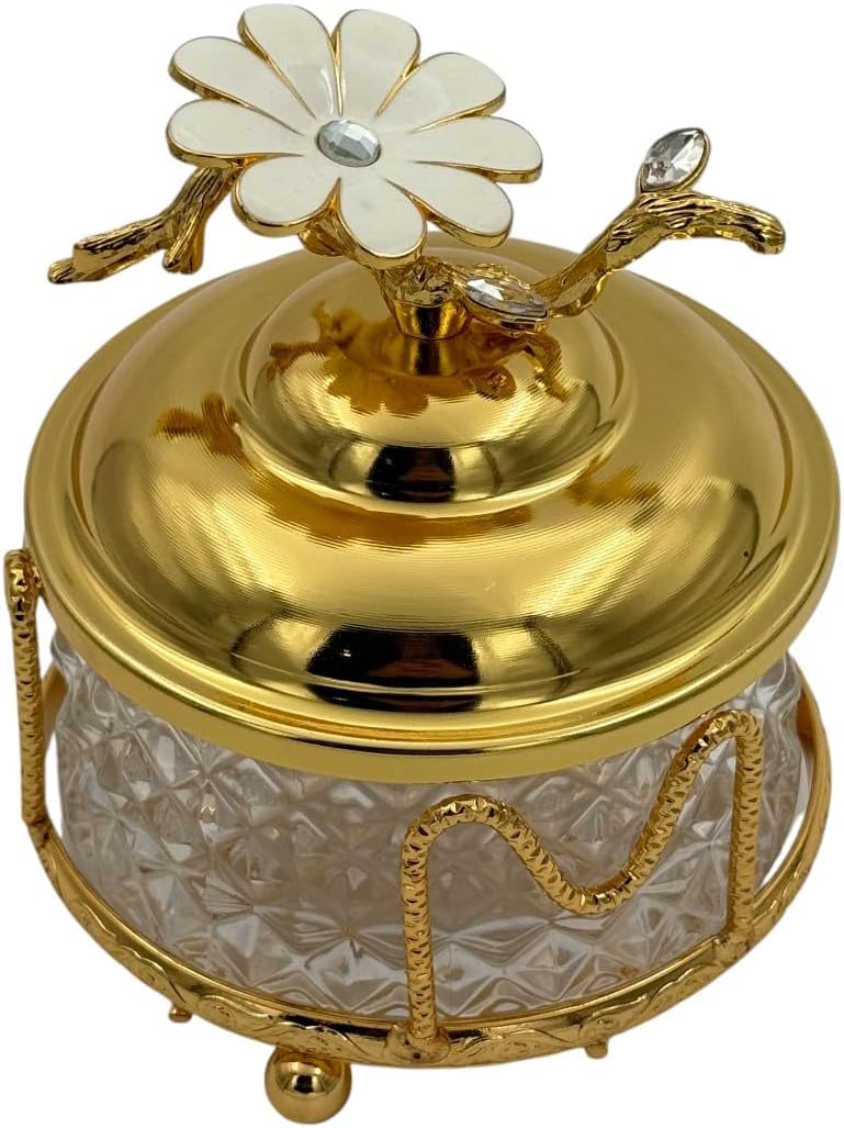 B&D Decorative Crystal Glass Bowl with Gold-Tone Lid and Floral Design - Image 1