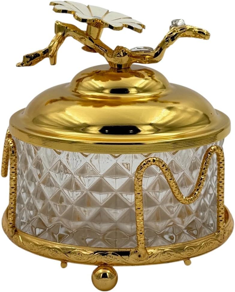 B&D Decorative Crystal Glass Bowl with Gold-Tone Lid and Floral Design - Image 2