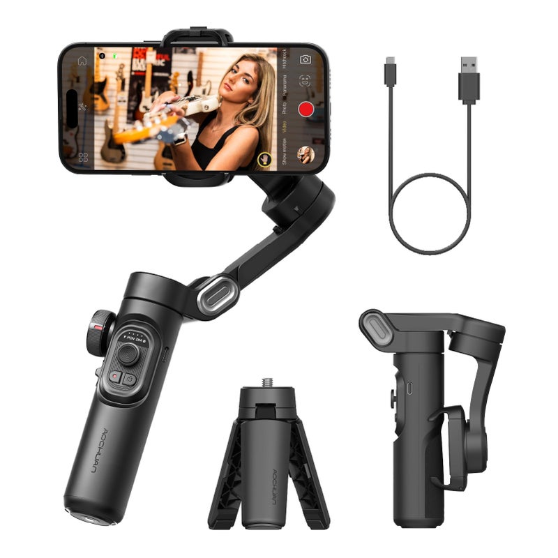 AOCHUAN Phone Gimbal Stabilizer 3Axis Smartphone Foldable Handheld Gimbal for iPhone with Focus Wheel TikTok YouTube Vlog Stabilizer for iPhone16 15 14 13 12 Pro Max AndroidSmart XE