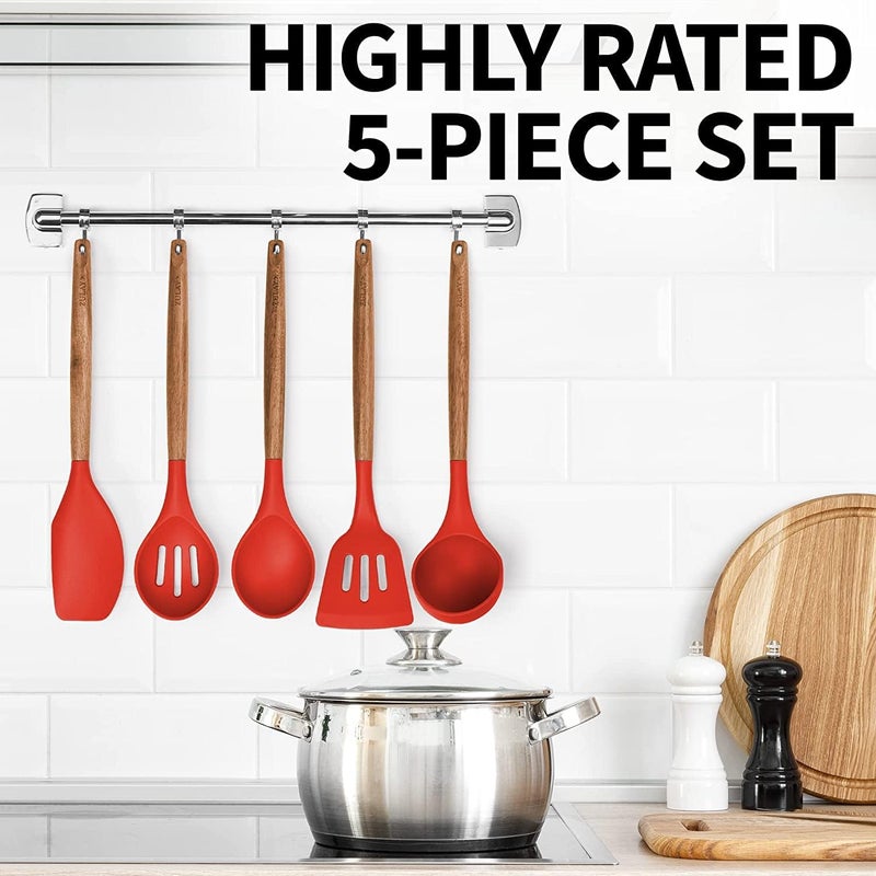Topinon 5Piece Silicone Cooking Utensils Set HeatResistant BPAFree NonStick Kitchen Tools with Wooden Handles FoodGrade Silicone for Cooking Baking Red - Image 5