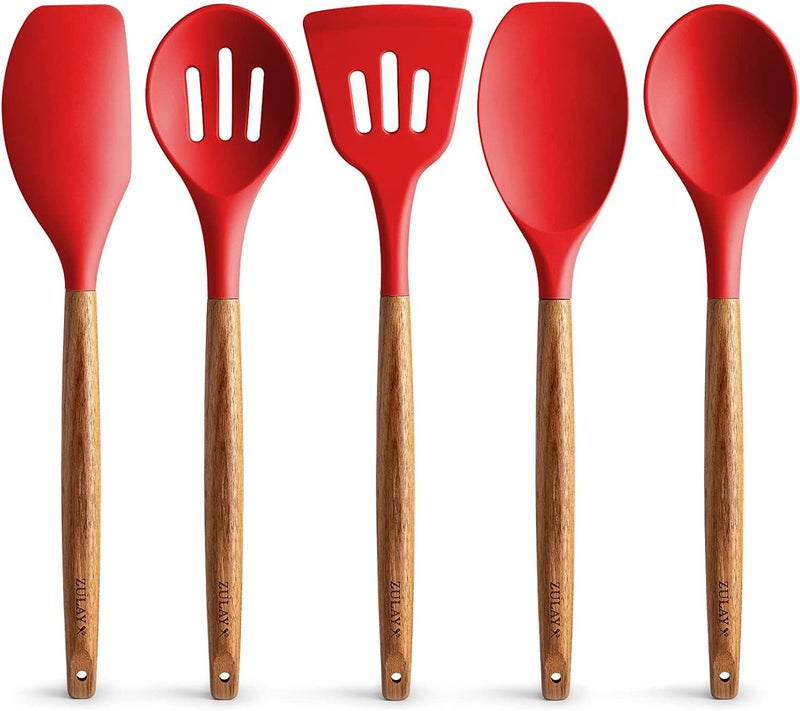 Topinon 5Piece Silicone Cooking Utensils Set HeatResistant BPAFree NonStick Kitchen Tools with Wooden Handles FoodGrade Silicone for Cooking Baking Red - Image 1