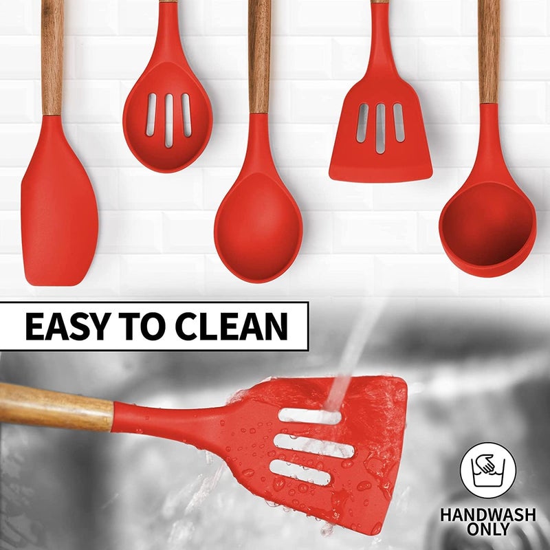 Topinon 5Piece Silicone Cooking Utensils Set HeatResistant BPAFree NonStick Kitchen Tools with Wooden Handles FoodGrade Silicone for Cooking Baking Red - Image 4