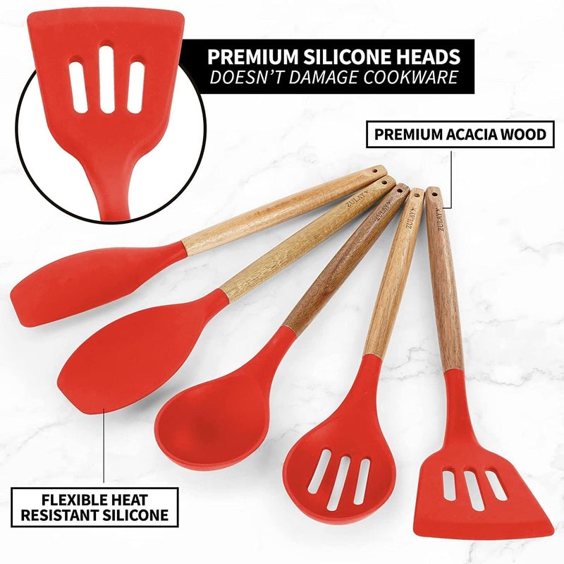 Topinon 5Piece Silicone Cooking Utensils Set HeatResistant BPAFree NonStick Kitchen Tools with Wooden Handles FoodGrade Silicone for Cooking Baking Red - Image 2