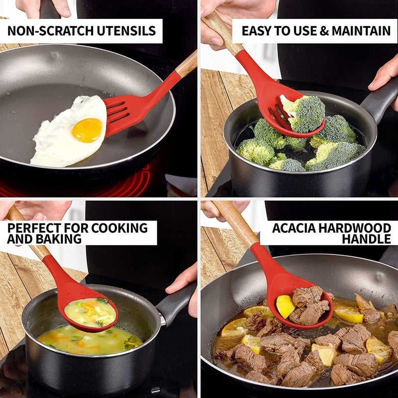 Topinon 5Piece Silicone Cooking Utensils Set HeatResistant BPAFree NonStick Kitchen Tools with Wooden Handles FoodGrade Silicone for Cooking Baking Red - Image 3