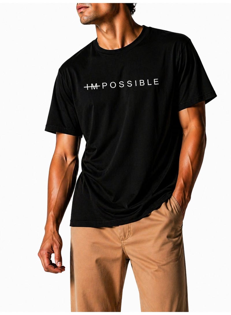 Relax Fit Cotton T-shirt with 'iMPOSSIBLE' Print - Black - Image 1