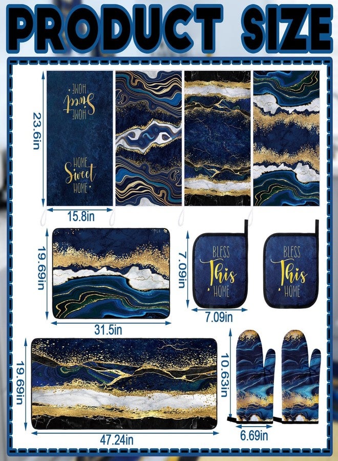 Fourluoo 10 Pcs Marble Farmhouse Kitchen Decor Accessories Set Marble Kitchen Dish Towels Rugs Oven Mitts and Pot Holders Sets for Cooking Baking Daughter Mom Gift(Blue) - Image 3