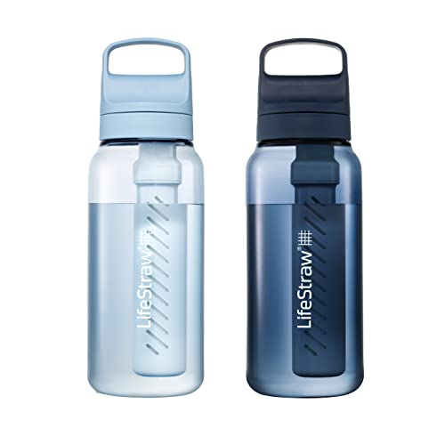 LifeStraw Go Series – BPA-Free Water Filter Bottle for Travel and Everyday use removes Bacteria, parasites and microplastics, Improves Taste, 1L 2-Pack; Icelandic Blue and Aegean Sea - Image 1