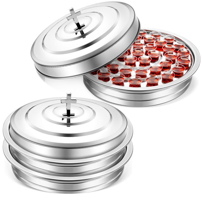 Jingmore Communion 2 Trays with Lid Christmas Holy Wine Serving Trays House up 80 Cups Stacking Stainless Steel Churches Ware Wine Bread Christmas Party SuppliesSilver
