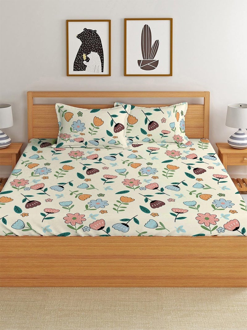 LOOMLYFE 300 TC Cotton Feel Glace Cotton Elastic Fitted Printed King Size Double Bed Bedsheet with 2 Pillow Covers Fits Upto 8 inches Mattress, Size- 72X78 Inches, Peachflower - Image 2