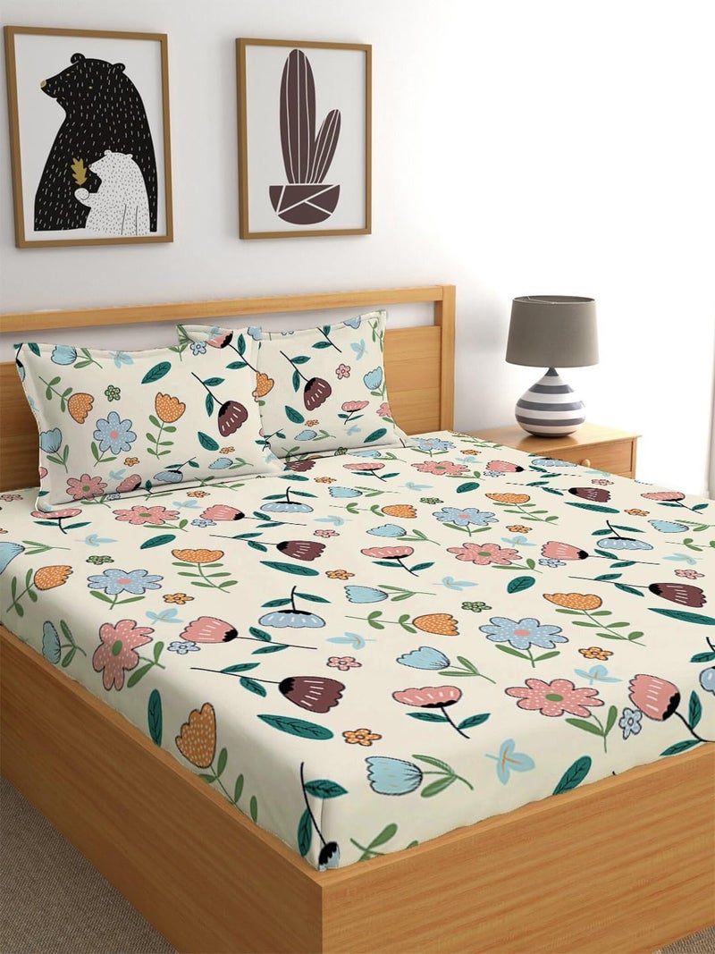 LOOMLYFE 300 TC Cotton Feel Glace Cotton Elastic Fitted Printed King Size Double Bed Bedsheet with 2 Pillow Covers Fits Upto 8 inches Mattress, Size- 72X78 Inches, Peachflower - Image 1