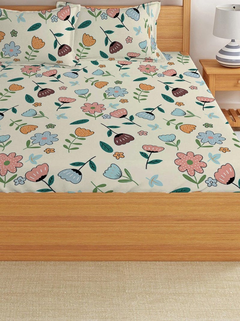 LOOMLYFE 300 TC Cotton Feel Glace Cotton Elastic Fitted Printed King Size Double Bed Bedsheet with 2 Pillow Covers Fits Upto 8 inches Mattress, Size- 72X78 Inches, Peachflower - Image 3