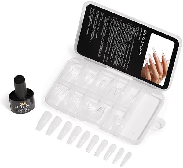 Bluesky Soft Gel Tips Kit with Strong Adhesive Coffin Coffin Nail Tips and Gel Nail Glue for False Nails 100 x Full cover False Nails with Glue Requires curing under UVLED lamp
