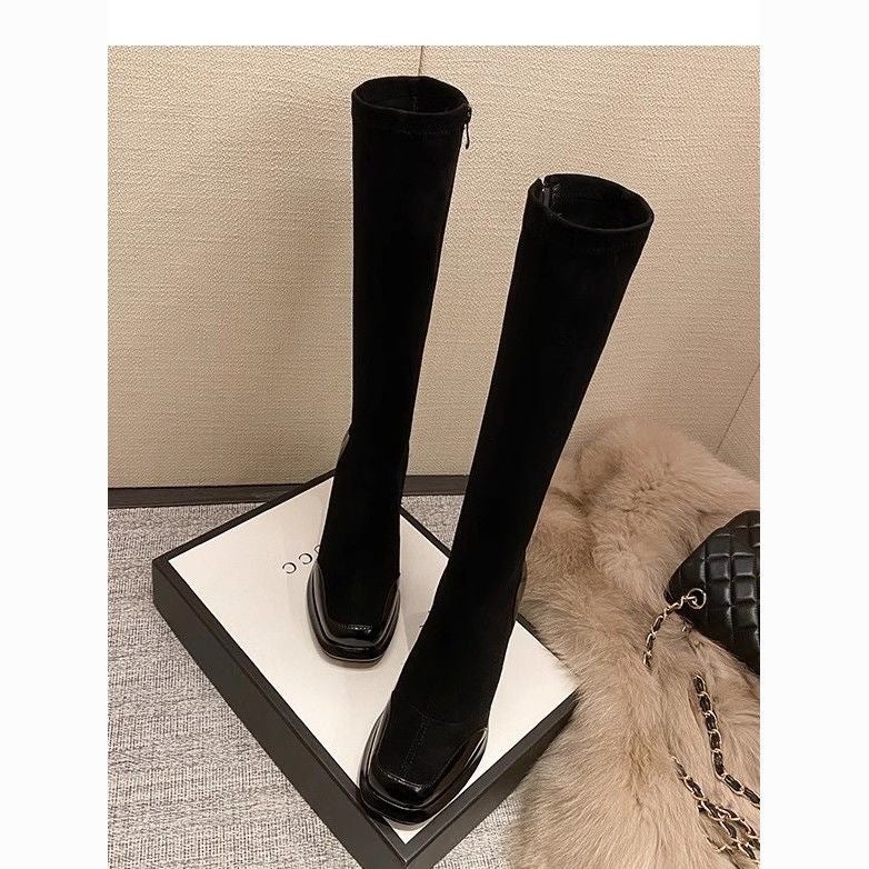 2025 Winter French Retro Solid Color Waterproof Platform Long Boots For Petite Figures, Leg-Lengthening, Slimming, Elastic Slim Boots - Image 3