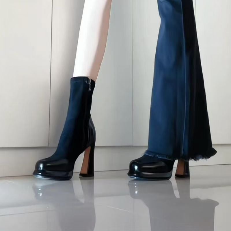 2025 Winter French Retro Solid Color Waterproof Platform Long Boots For Petite Figures, Leg-Lengthening, Slimming, Elastic Slim Boots - Image 1