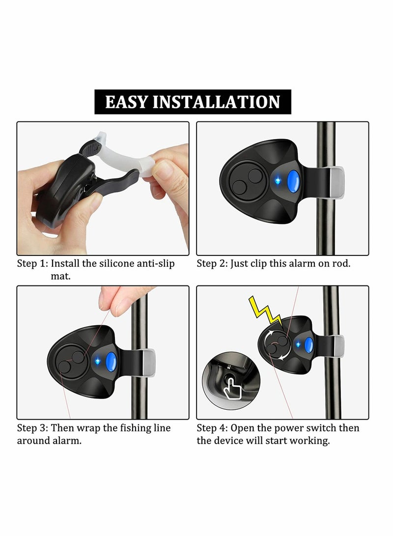 KASTWAVE 4 قطع من إنذار عض السمك، إنذار صوتي إلكتروني حساس لعض السمك، جرس إنذار صوتي مع أضواء LED، أجراس صيد السمك قابلة للتثبيت على صنارة الصيد، صيد سمك الكارب في النهار والليل في الهواء الطلق (أسود) - Image 5