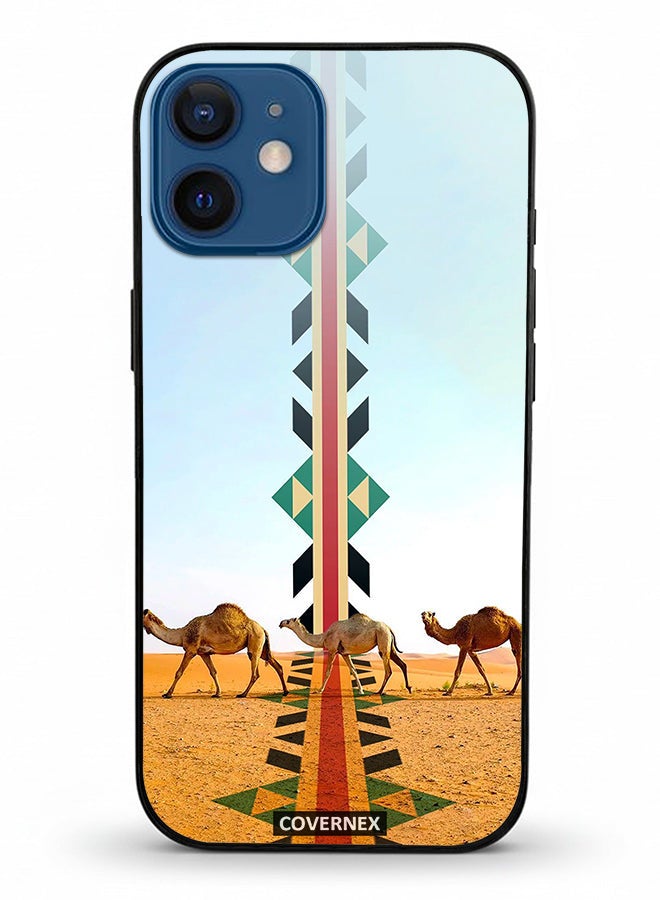 Covernex Apple iPhone 12 Mini Protective Case Cover Printed Featuring Camel Silhouette with Vertical Sadu Pattern - Image 2