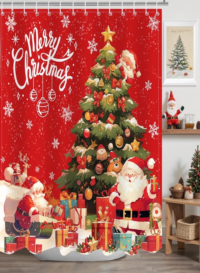 Mocsicka Merry Christmas Shower Curtain, Red Cute Santa Claus Shower Curtain wth 12 Hooks, Winter Snowflake Xmas Gifts Tree Christmas Bathroom Decor Waterproof Fabric 72 X 72 Inch - Image 1