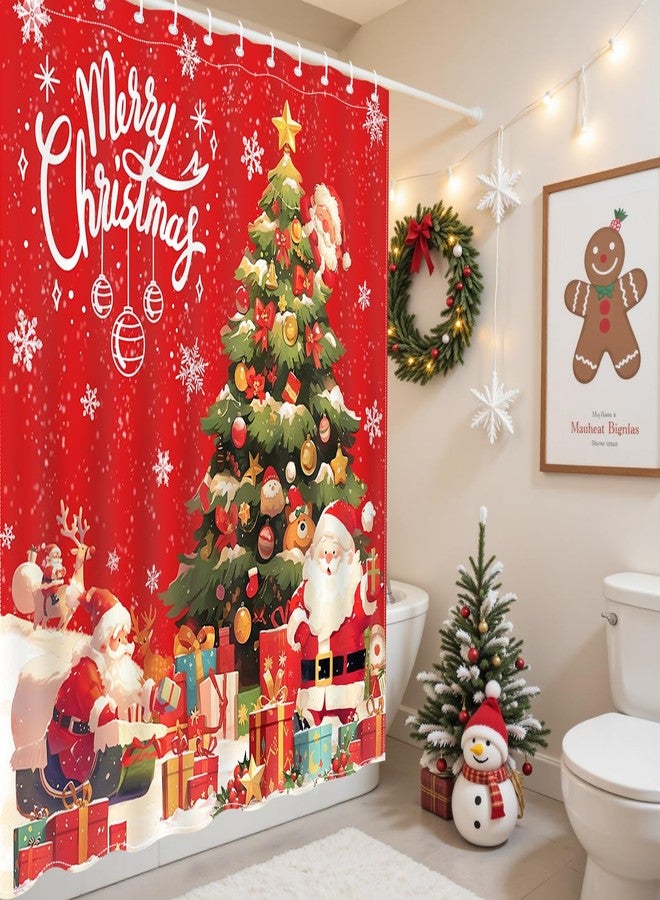 Mocsicka Merry Christmas Shower Curtain, Red Cute Santa Claus Shower Curtain wth 12 Hooks, Winter Snowflake Xmas Gifts Tree Christmas Bathroom Decor Waterproof Fabric 72 X 72 Inch - Image 2