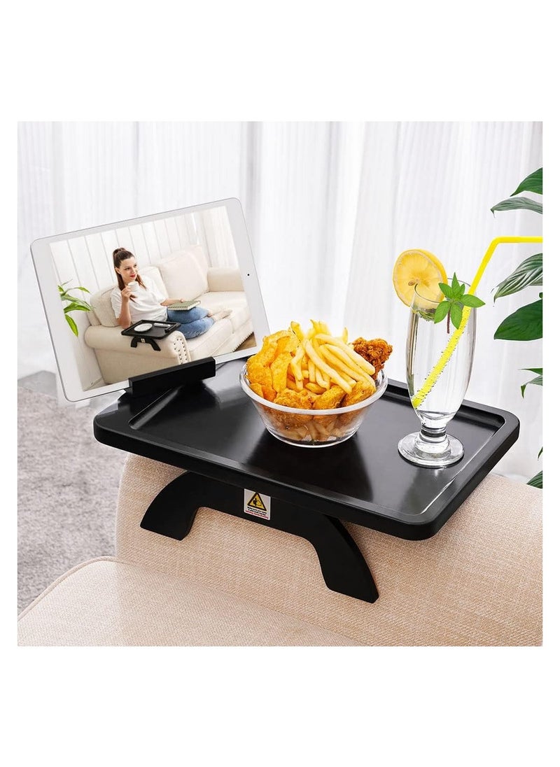 NNEWVANTE - Sofa Armrest Tray, Clip On Couch Arm Table, Foldable Sofa Arm Tray with 360° Rotating Phone Holder and Stable Sofa Table for Eating and Drink, Black - Image 1