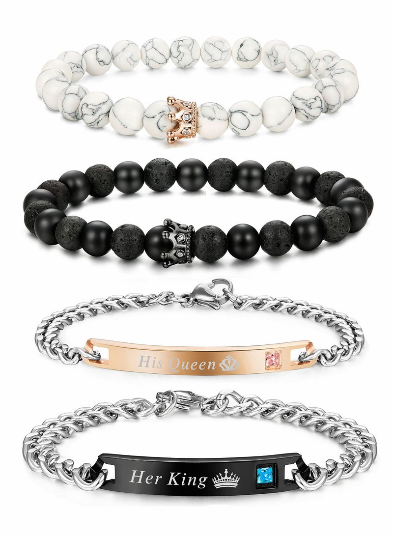 Excefore Couple Bracelet, Ladies Men's Matching Magnetic Crown Queen Bracelet Beads Natural Stone Beads Couple Beads Suitable for Gifts 4Pcs - Image 1