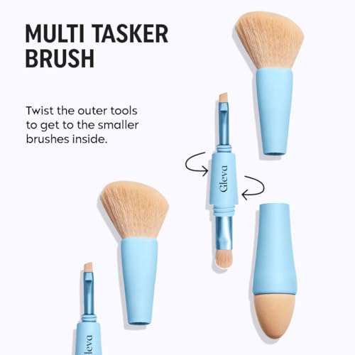 Gleva Multi Tasker 4-in-1 Travel Makeup Brush, Detachable Makeup Brush Set All-in-One Makeup Sponge, Eyeshadow, Eyebrow, Liner, Blush Blending Brush for Foundation, Concealer, & Powder (Blue) - Image 4