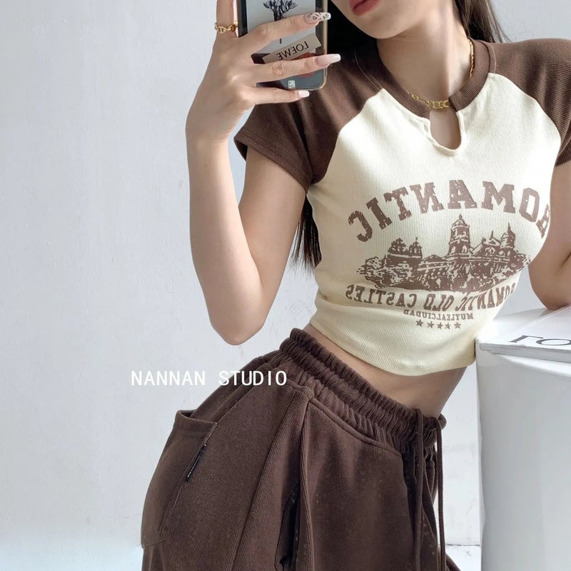 Unique Retro Short Top American Chic Hong Kong Style Sweet Spicy Girl Short-Sleeve T-Shirt For Women Summer With A Sense Of Design Niche - Image 1