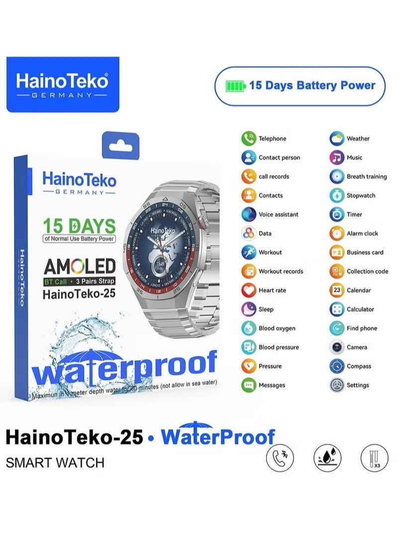 Haino Teko Hino Teko-25 Waterproof Smart Watch with AMOLED Display, 3 Interchangeable Straps, Voice Assistant, and Charging Cable Designed for Men, Multicolor - Image 1