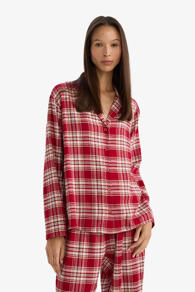 DeFacto Red Woman Regular Fit Flannel Plaid Long Sleeve Pyjamas Top Casual - Image 1