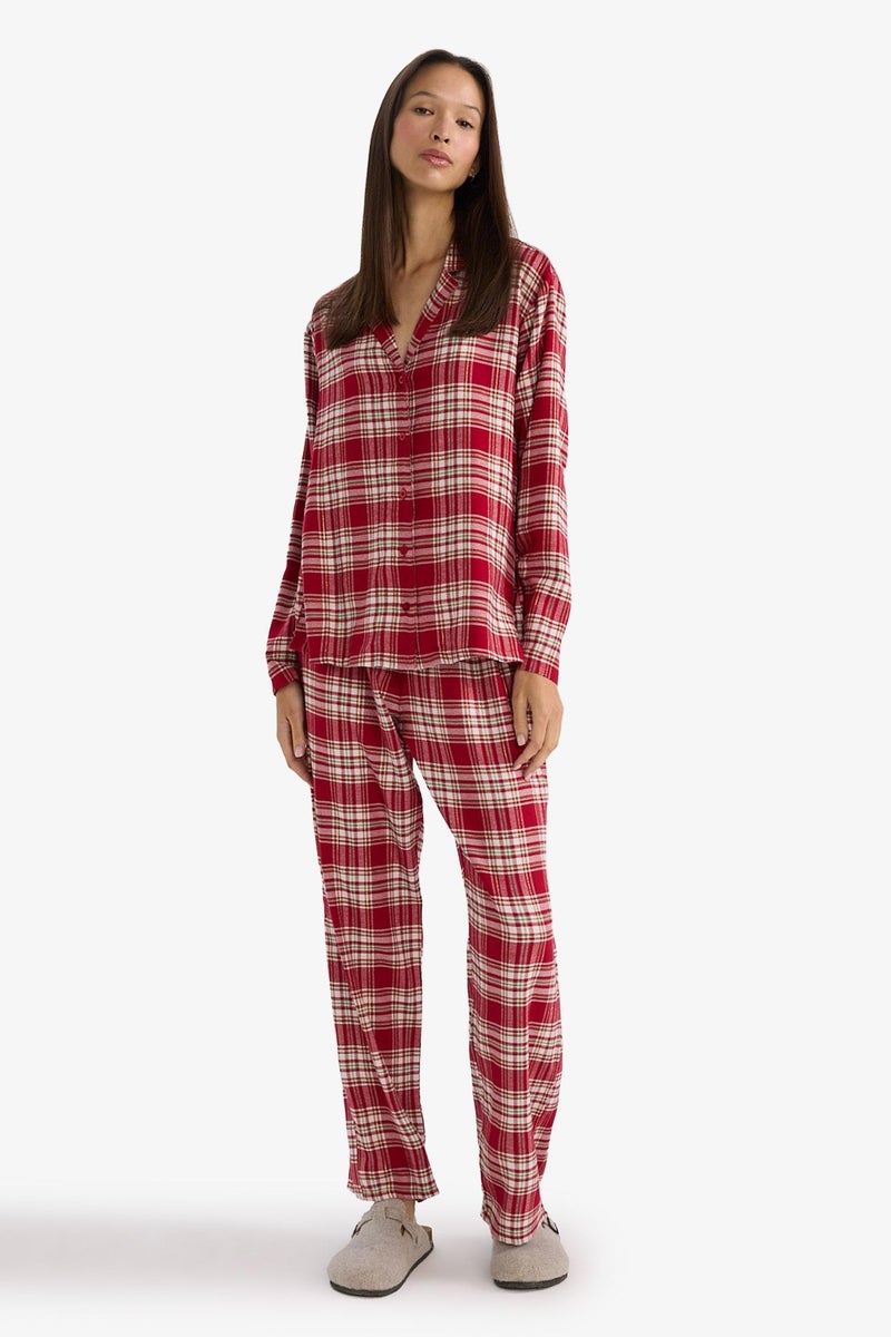 DeFacto Red Woman Regular Fit Flannel Plaid Long Sleeve Pyjamas Top Casual - Image 2