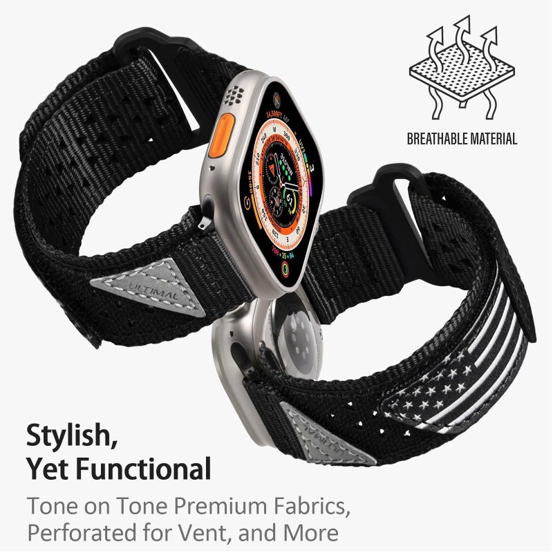 ULTIMAL Compatible witch Apple Watch Ultra 3/2/1 Series 11/10/9/8/7/6/5/4/SE/SE2/SE3,Nylon Stars-Stripes Flag Woven Strap for men 49mm 46mm 45mm 44mm (L,Black USA Flag) - Image 3