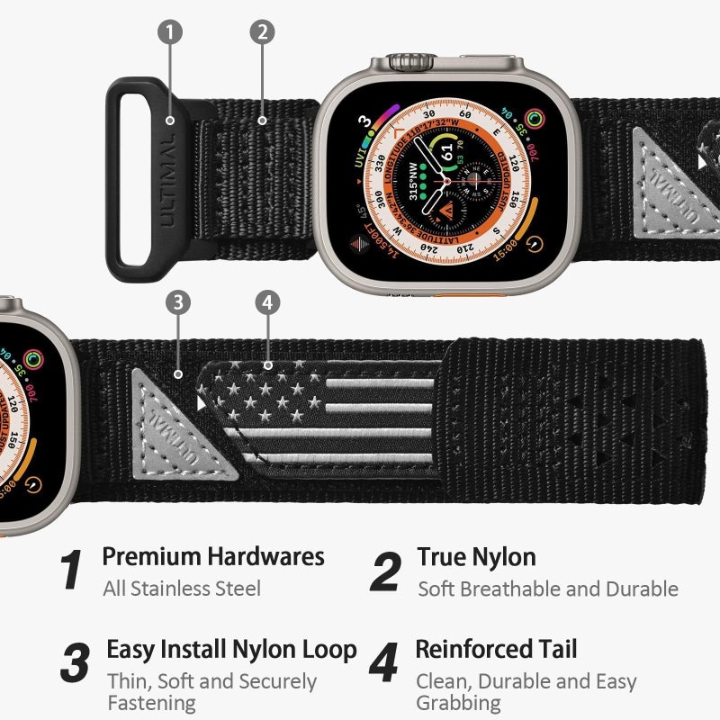 ULTIMAL Compatible witch Apple Watch Ultra 3/2/1 Series 11/10/9/8/7/6/5/4/SE/SE2/SE3,Nylon Stars-Stripes Flag Woven Strap for men 49mm 46mm 45mm 44mm (L,Black USA Flag) - Image 2