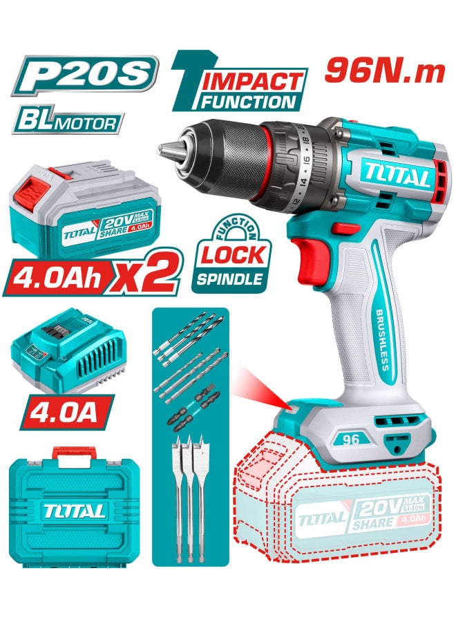 TOTAL Brushless cordless impact drill 20v 96n  2 battery 4 amp TIDLI20968