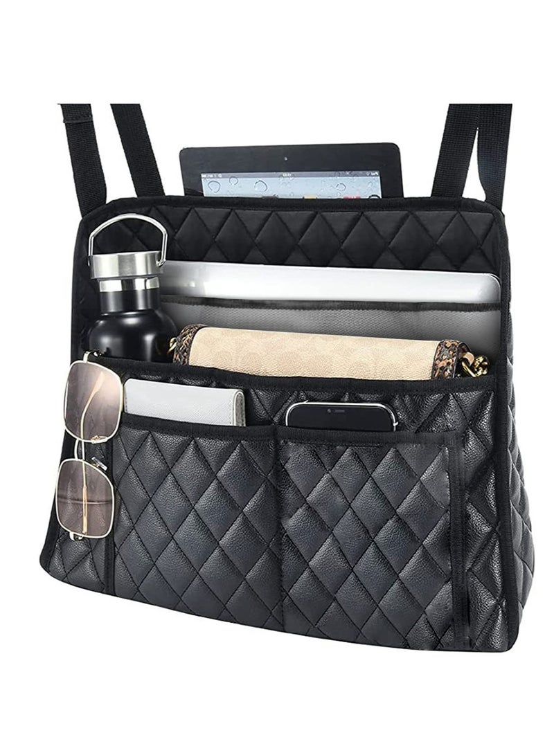 Excefore Car Handbag Purse Holder Between Seats, Auto Seat Leather Organizer Pocket, Front Seat Bag Box Storage for Cell Phone Document, Backseat Barrier for Kids Pet, Fits for Most Vehicles (Black) - Image 1