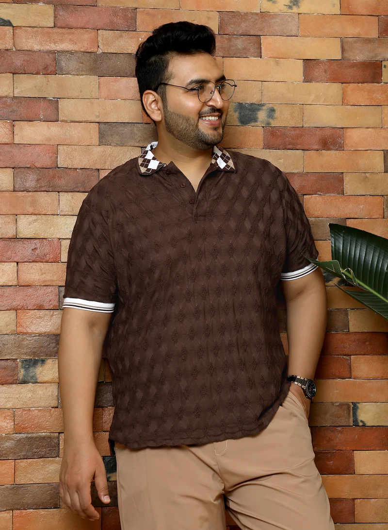 انستافاب بلس Instafab Plus Men's Brown Block Argyle-Knit Polo T-Shirt | Jacquard Polo Neck , Short Sleeves , Half-Button Closure , Straight Hemline | Colourblock Textured Polyester Blend For Office & Casual Wear