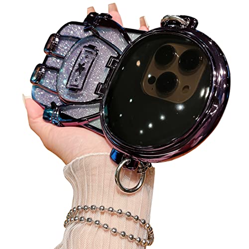 QoKcoahn Astronaut Hidden Stand Phone Case for iPhone 14 Pro Max,Cute 3D Astronaut Lens Camera Protection Kickstand Luxury Glitter Bling Soft TPU Protector with Mirror Metal Chain for Women Purple - Image 1