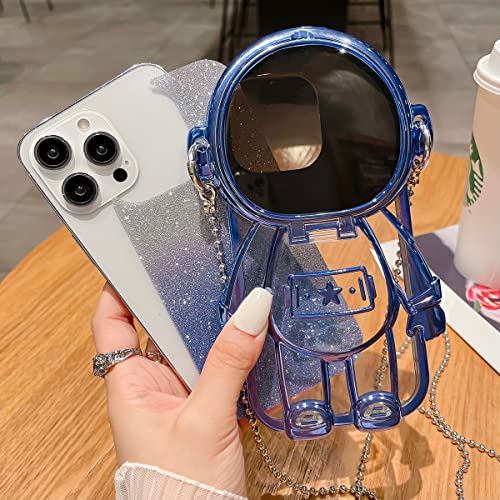 QoKcoahn Astronaut Hidden Stand Phone Case for iPhone 14 Pro Max,Cute 3D Astronaut Lens Camera Protection Kickstand Luxury Glitter Bling Soft TPU Protector with Mirror Metal Chain for Women Purple - Image 3