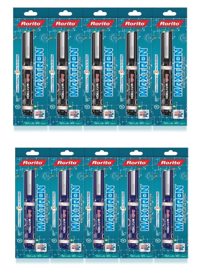 Rorito Maxtron 5 BLUE & 5 BLACK Ink 0.5mm Needle Point Liquid Gel Pens - Pack of 10 - Image 1
