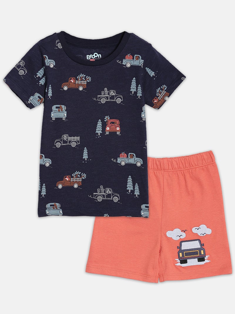 Broon Infant Boys Navy and Orange Printed Organic Cotton T-shirt with Shorts Set - Image 1