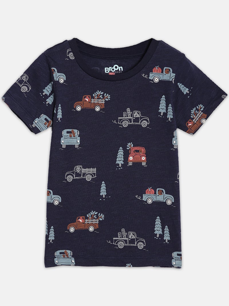 Broon Infant Boys Navy and Orange Printed Organic Cotton T-shirt with Shorts Set - Image 2