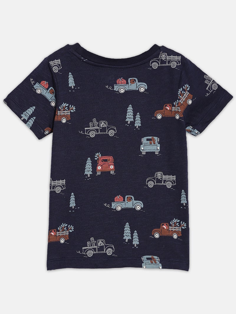 Broon Infant Boys Navy and Orange Printed Organic Cotton T-shirt with Shorts Set - Image 3