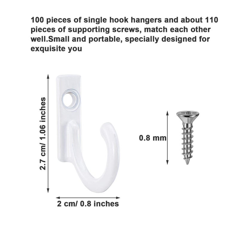 Zhehao 100 Pieces Key Hooks Jewelry Small Hook Key Hanging Small Wall Mounted Single Hook Robe Clasp Coat Hooks and 110 Pcs Screws for Hanging Hat, Scarf, Bag(White,100 Pieces) - Image 2